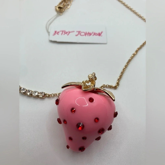BETSEY JOHNSON SET Enamel & Crystals Pink Strawberry Necklace & Earrings NEW NWT - Picture 6 of 16